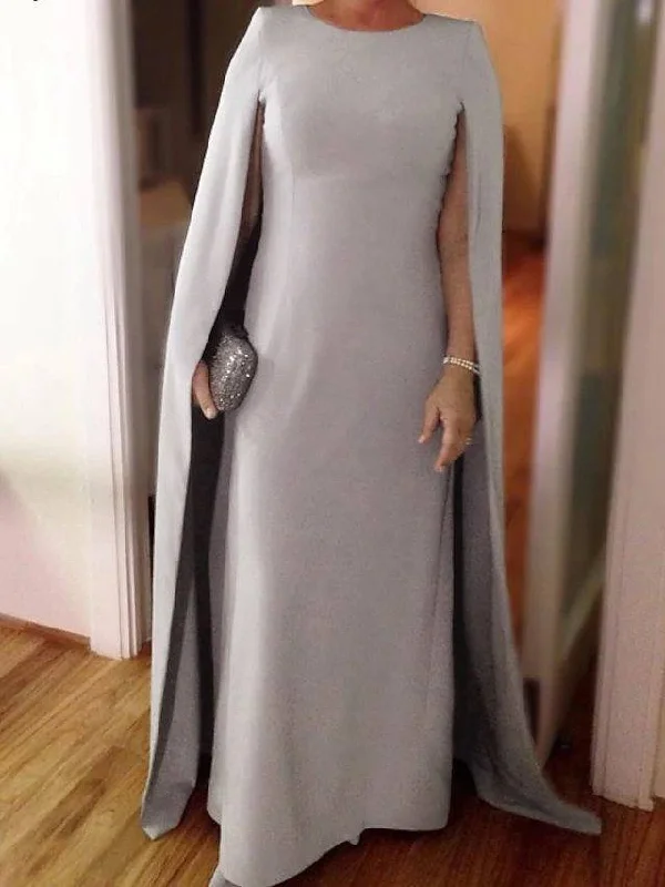 Sheath / Column Mother of the Bride Dress Elegant Jewel Neck Floor Length Stretch Satin Short Sleeve with Draping Sheath / Column Mother of the Bride Dress Elegant Jewel Neck Floor Length Stretch Satin Short Sleeve with Draping
