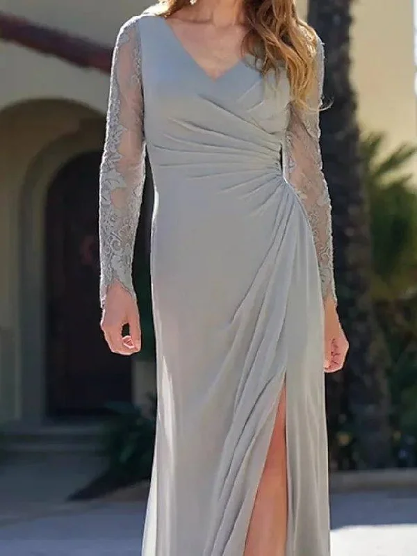 A-Line Mother of the Bride Dress Elegant V Neck Sweep / Brush Train Chiffon Lace Long Sleeve with Embroidery Split Front A-Line Mother of the Bride Dress Elegant V Neck Sweep / Brush Train Chiffon Lace Long Sleeve with Embroidery Split Front