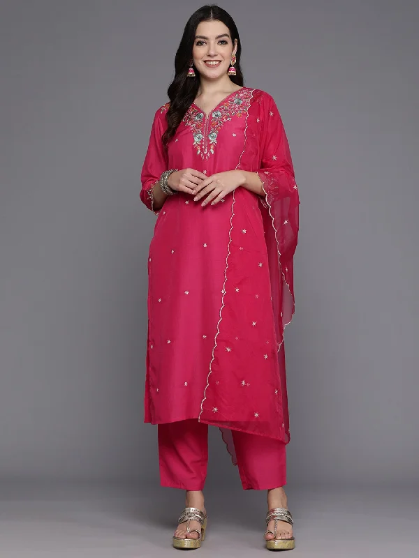 Women's Pink Embroidered Straight Kurta Trousers With Dupatta Set - Indo Era Trousers Fall Fleece