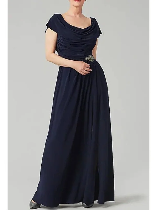 A-Line Mother of the Bride Dress Elegant Cowl Neck Floor Length Chiffon Polyester Short Sleeve with Crystals Beading A-Line Mother of the Bride Dress Elegant Cowl Neck Floor Length Chiffon Polyester Short Sleeve with Crystals Beading