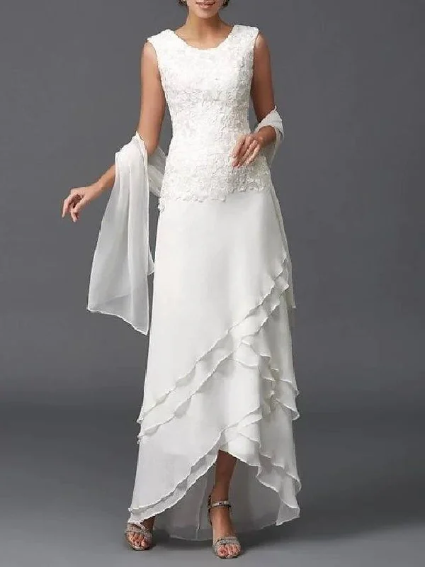 A-Line Mother of the Bride Dress Wrap Included Jewel Neck Floor Length Chiffon Sleeveless with Lace Tier A-Line Mother of the Bride Dress Wrap Included Jewel Neck Floor Length Chiffon Sleeveless with Lace Tier