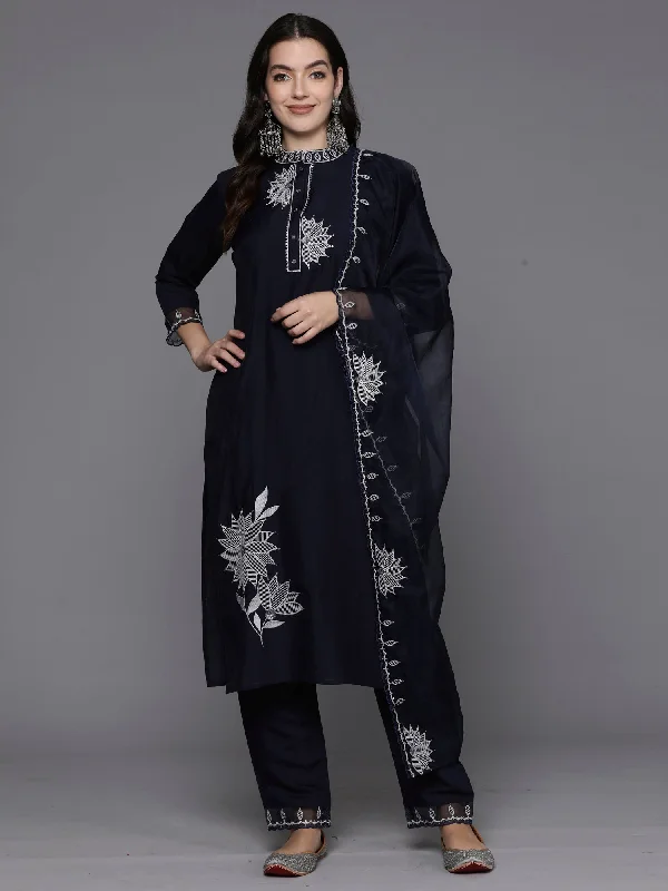 Women's Navy Blue Embroidered Straight Kurta Trousers With Dupatta Set - Indo Era Trousers fashionable chic