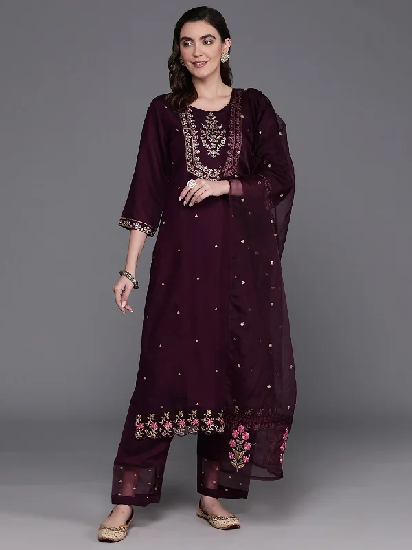 Women's Burgundy Embroidered Straight Kurta Trousers With Dupatta Set - Indo Era Trousers Lace Delicate