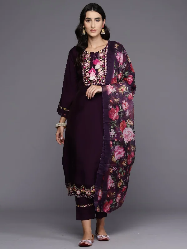 Women's Purple Embroidered A-Line Kurta Trousers With Dupatta Set - Indo Era Trousers Designer Luxury