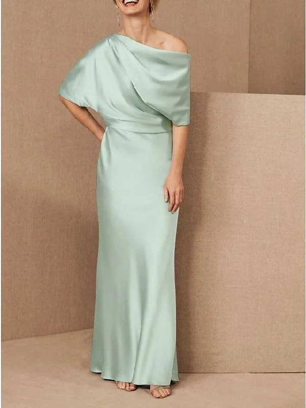 Sheath / Column Mother of the Bride Dress Elegant One Shoulder Floor Length Charmeuse Half Sleeve with Draping Sheath / Column Mother of the Bride Dress Elegant One Shoulder Floor Length Charmeuse Half Sleeve with Draping