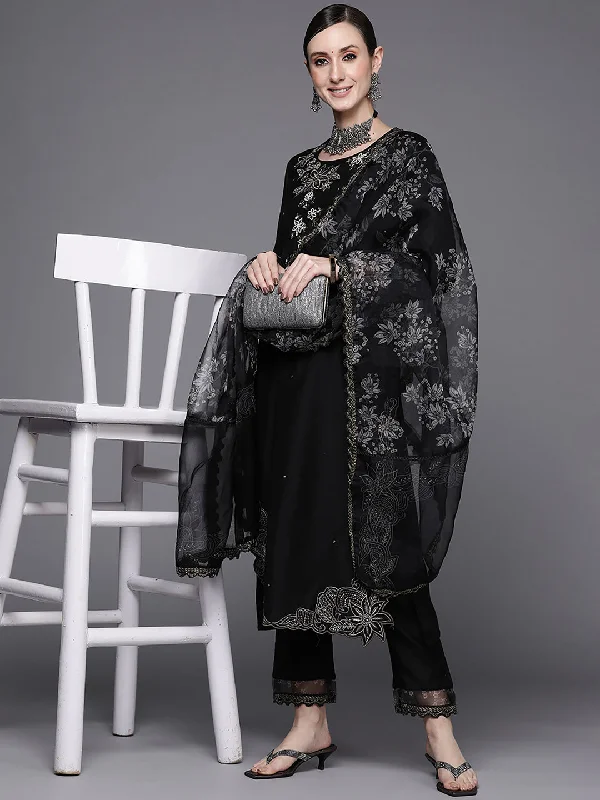 Women's Black Embroidered Straight Kurta Trousers With Dupatta Set - Indo Era Trousers Vintage Classic