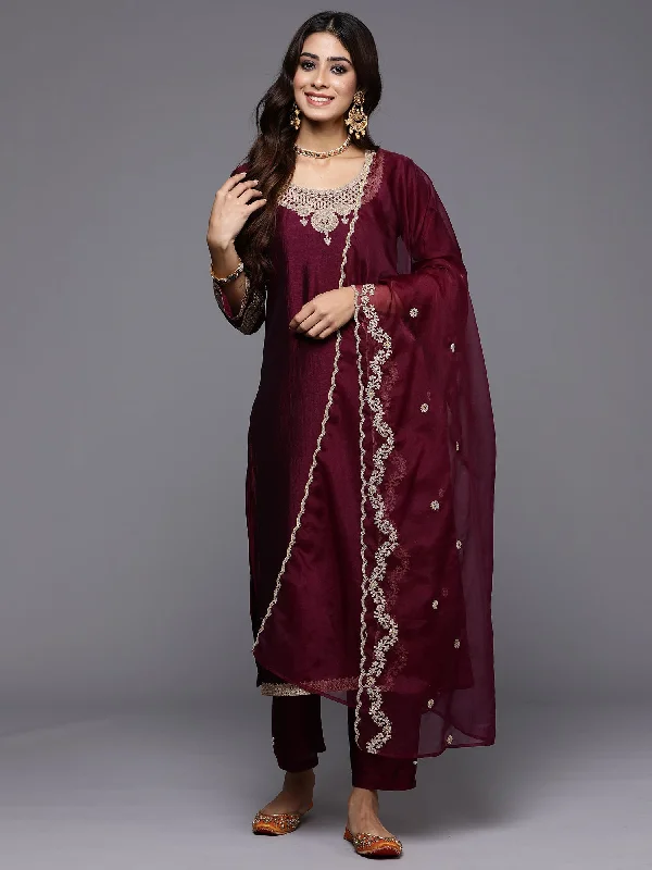 Women's Wine Embroidered Straight Kurta Trousers With Dupatta Set - Indo Era Trousers Essential Wardrobe