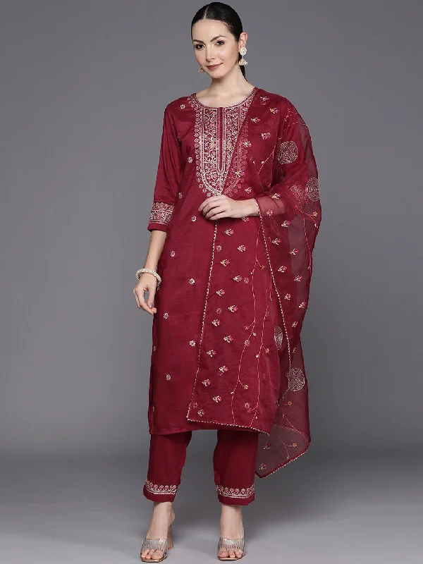 Women's Maroon Embroidered Straight Kurta Trousers With Dupatta Set - Indo Era Trousers Timeless Classic