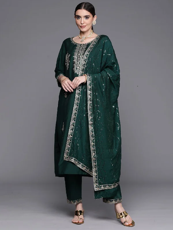 Women's Bottle Green Embroidered Ethnic Straight Kurta Trouser With Dupatta Set - Indo Era Trousers Favorite Customer