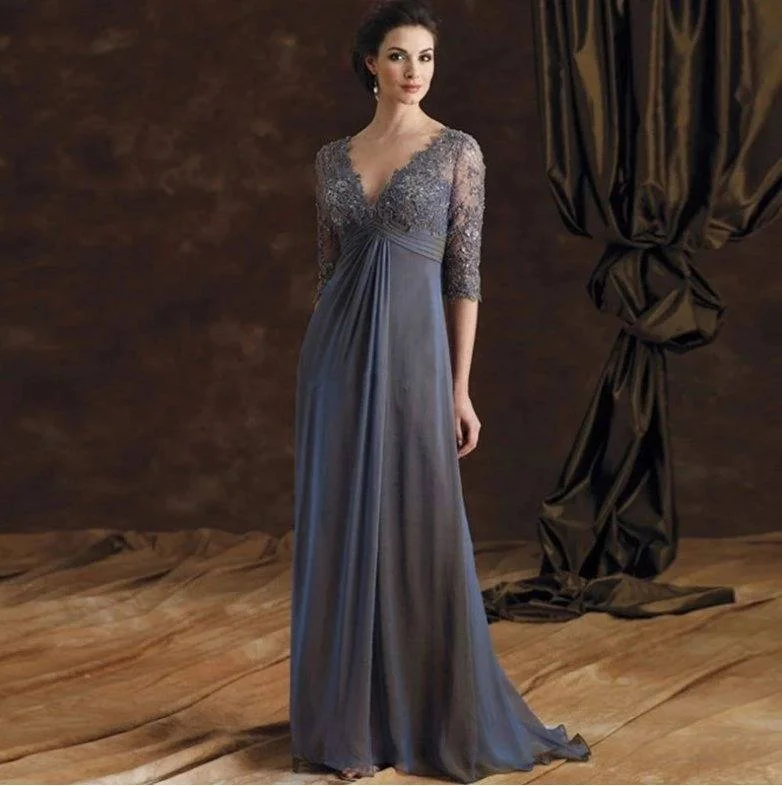 Gray Mother Of The Bride Dresses A-line V-neck Half Sleeves Chiffon Lace Plus Size Groom Long Mother Dresses For Wedding Gray Mother Of The Bride Dresses A-line V-neck Half Sleeves Chiffon Lace Plus Size Groom Long Mother Dresses For Wedding