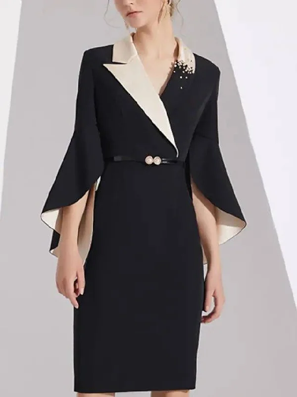 Sheath / Column Mother of the Bride Dress Elegant Shirt Collar Knee Length Charmeuse Long Sleeve with Sash / Ribbon Beading Sheath / Column Mother of the Bride Dress Elegant Shirt Collar Knee Length Charmeuse Long Sleeve with Sash / Ribbon Beading