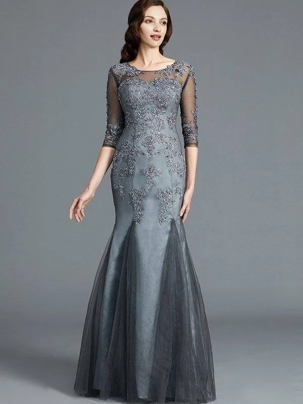 Sheath/Column Scoop Applique 1/2 Sleeves Tulle Floor-Length Mother of the Bride Dresses Sheath/Column Scoop Applique 1/2 Sleeves Tulle Floor-Length Mother of the Bride Dresses