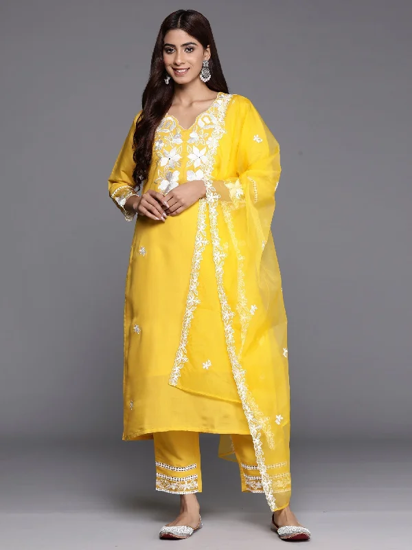 Women's Yellow Embroidered Straight Kurta Trousers With Dupatta Set - Indo Era Trousers Striped Patterned