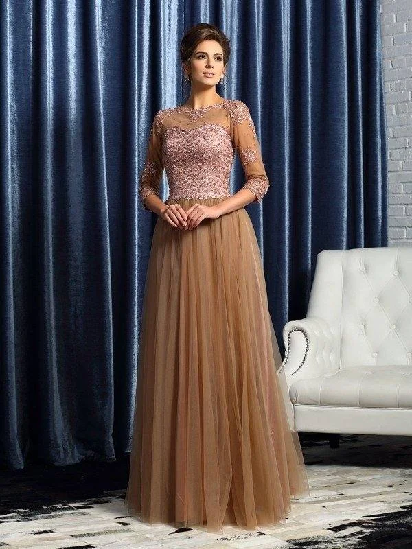 A-Line/Princess Scoop 3/4 Sleeves Long Elastic Woven Satin Mother of the Bride Dresses A-Line/Princess Scoop 3/4 Sleeves Long Elastic Woven Satin Mother of the Bride Dresses