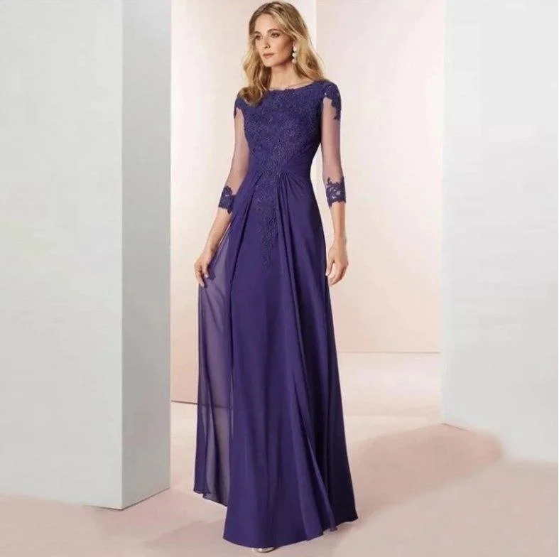 Blue Mother Of The Bride Dresses A-line 3/4 Sleeves Chiffon Appliques Plus Size Long Elegant Groom Mother Dresses Wedding Blue Mother Of The Bride Dresses A-line 3/4 Sleeves Chiffon Appliques Plus Size Long Elegant Groom Mother Dresses Wedding