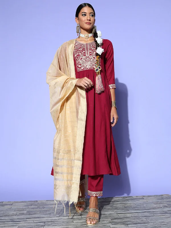 Women's Maroon Embroidered A-Line Kurta Trousers With Dupatta Set - Indo Era Trousers Timeless Classic