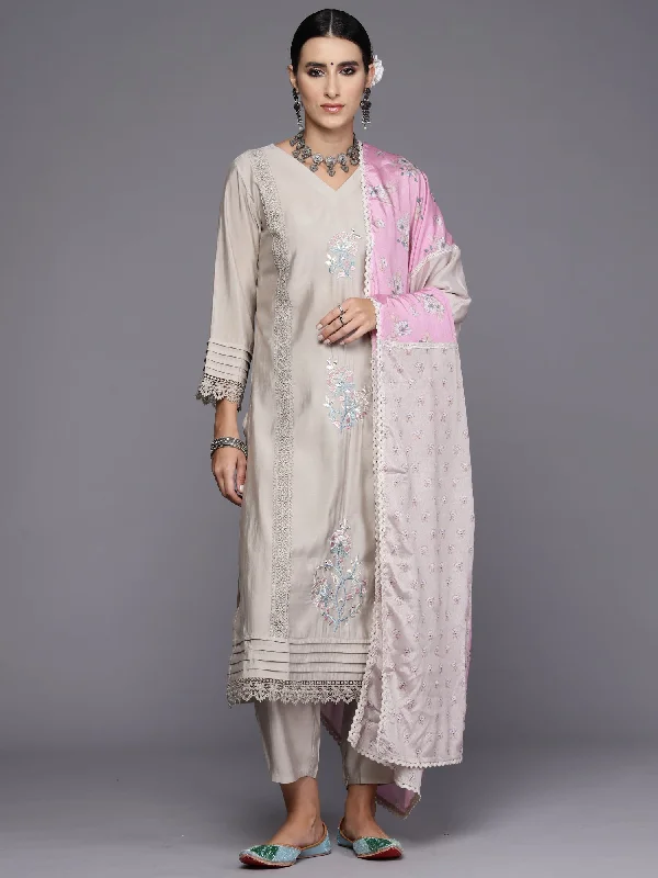 Women's Beige Embroidered Straight Kurta Trousers With Dupatta Set - Indo Era Trousers cozy comfortable