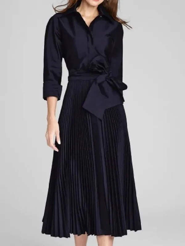 A-Line Mother of the Bride Dress Elegant Queen Anne Ankle Length Satin Long Sleeve with Bow(s) Pleats A-Line Mother of the Bride Dress Elegant Queen Anne Ankle Length Satin Long Sleeve with Bow(s) Pleats