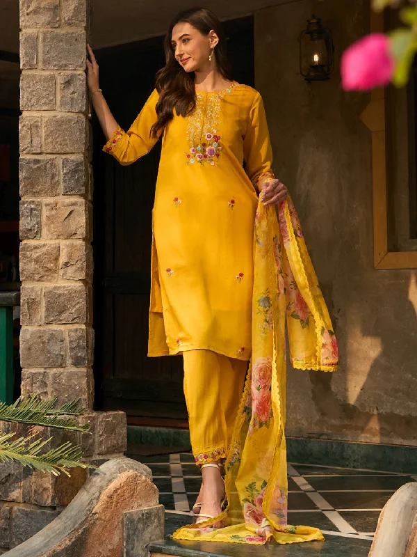 Women's Yellow Embroidered Straight Kurta Trousers With Dupatta Set - Indo Era Trousers Palazzo Wide Leg