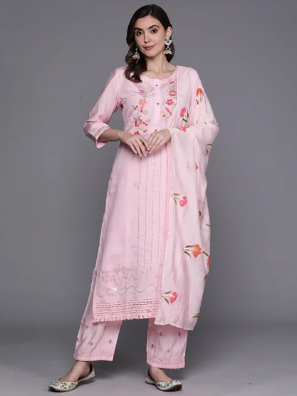 Women's Pink Embroidered Straight Kurta Trousers With Dupatta Set - Indo Era Trousers Designer Luxury