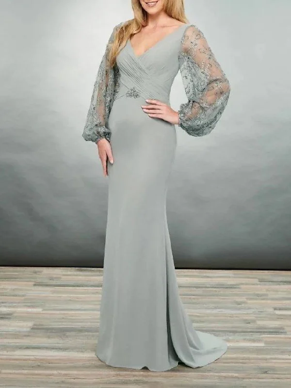 Sheath / Column Mother of the Bride Dress Elegant V Neck Floor Length Polyester Long Sleeve with Appliques Ruching Sheath / Column Mother of the Bride Dress Elegant V Neck Floor Length Polyester Long Sleeve with Appliques Ruching