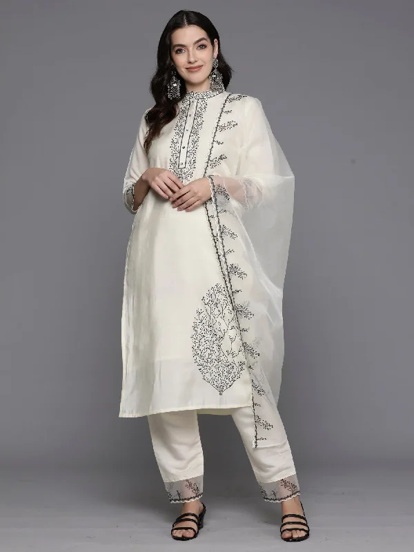 Women's Cream Embroidered Straight Kurta Trousers With Dupatta Set - Indo Era Cropped Trousers Casual Linen