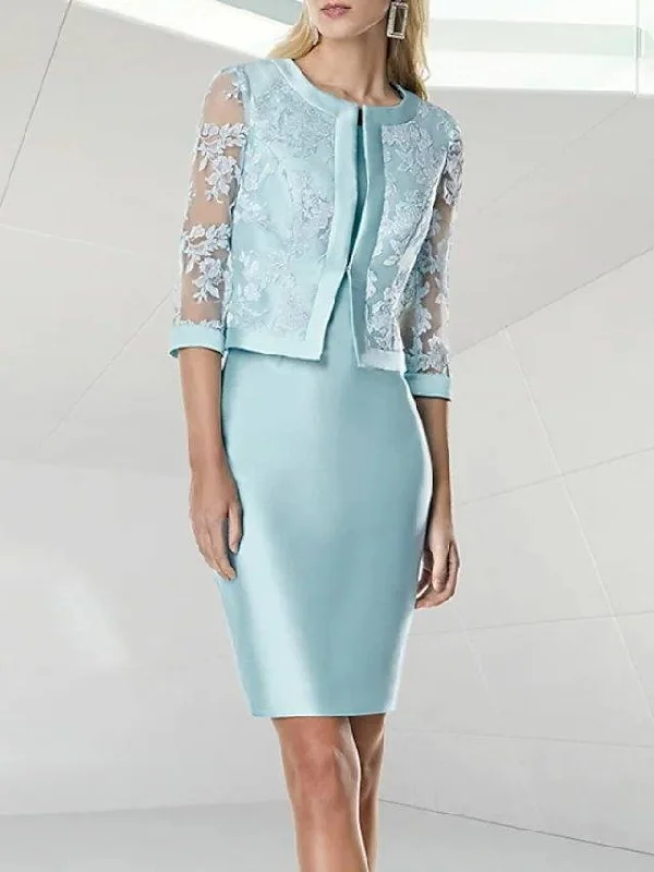 Two Piece Sheath / Column Mother of the Bride Dress Elegant Jewel Neck Knee Length Lace Satin Half Sleeve with Appliques Two Piece Sheath / Column Mother of the Bride Dress Elegant Jewel Neck Knee Length Lace Satin Half Sleeve with Appliques