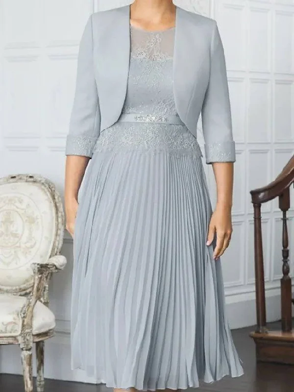 A-Line Mother of the Bride Dress Plus Size Elegant Illusion Neck Jewel Neck Tea Length Chiffon 3/4 Length Sleeve with Pleats Sequin Embroidery A-Line Mother of the Bride Dress Plus Size Elegant Illusion Neck Jewel Neck Tea Length Chiffon 3/4 Length Sleeve with Pleats Sequin Embroidery