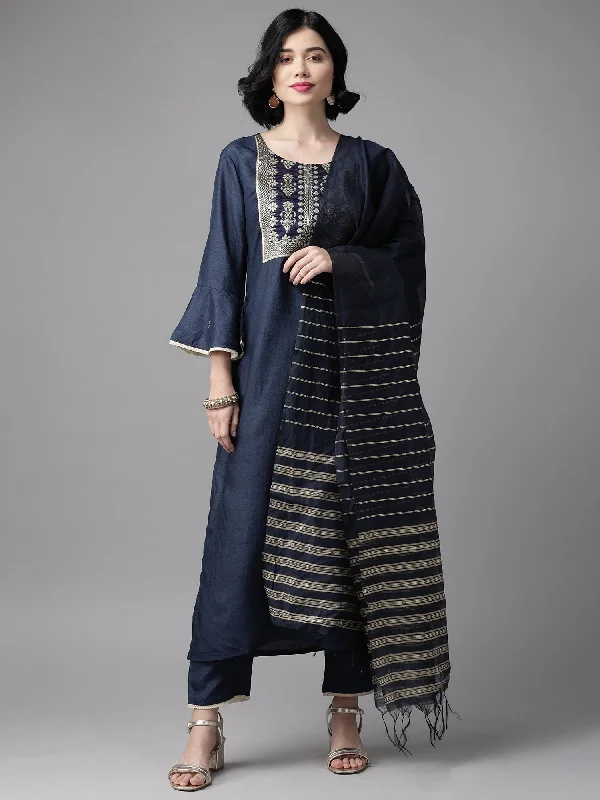 Women's Navy Blue Solid Straight Kurta Trouser Set - Indo Era Wide Leg Loose Fit Mid Waist