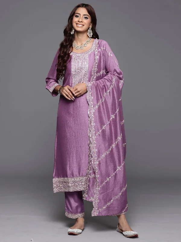 Women's Lavender Embroidered Straight Kurta Trousers With Dupatta Set - Indo Era Trousers chic elegant