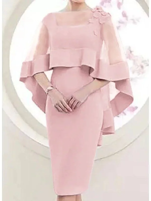 Sheath / Column Mother of the Bride Dress Elegant Square Neck Knee Length Satin Tulle 3/4 Length Sleeve with Appliques
