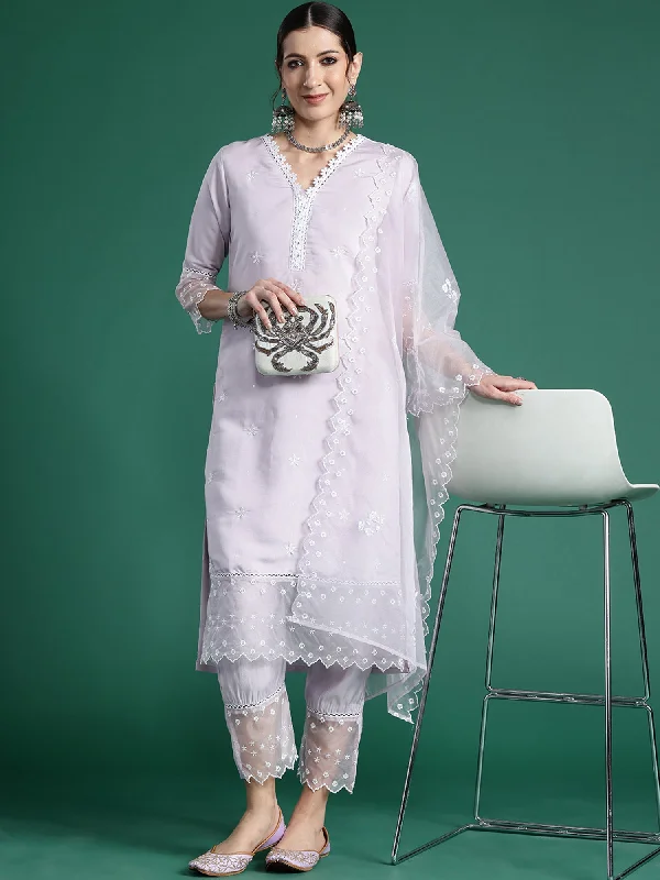 Women's Lavender Embroidered Straight Kurta Trousers With Dupatta Set - Indo Era Trousers Lace Delicate