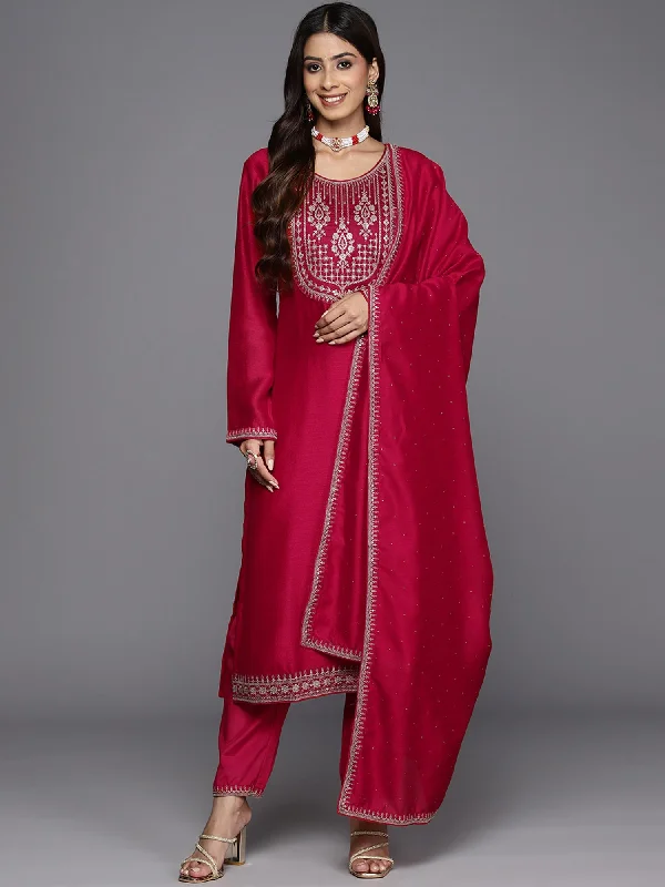 Women's Pink Embroidered Straight Kurta Trousers With Dupatta Set - Indo Era Trousers High Rise Slim Fit