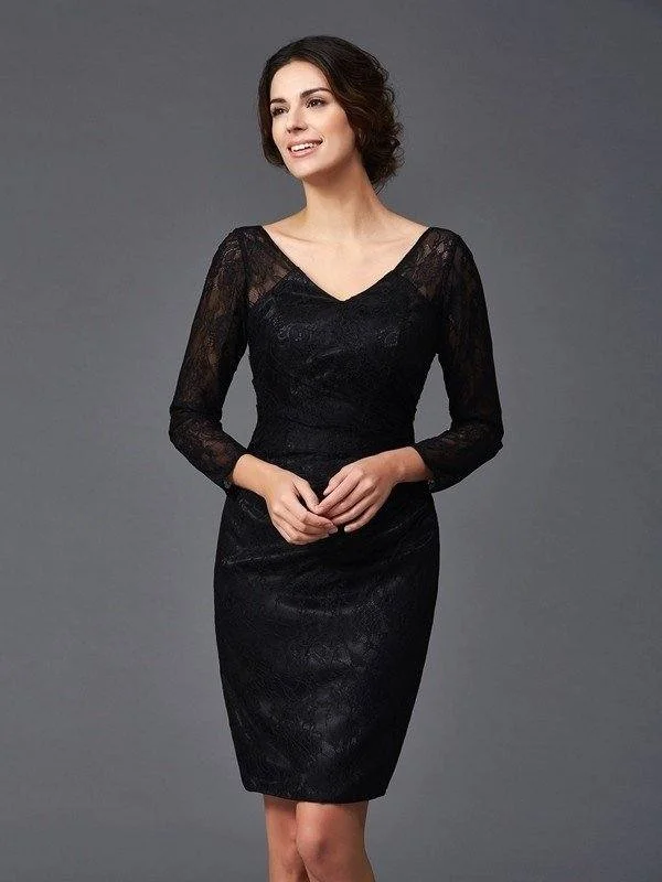 Sheath/Column V-neck Lace Long Sleeves Short Elastic Woven Satin Mother of the Bride Dresses Sheath/Column V-neck Lace Long Sleeves Short Elastic Woven Satin Mother of the Bride Dresses