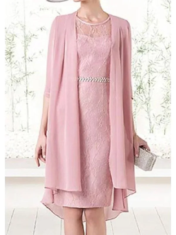 Two Piece Sheath / Column Mother of the Bride Dress Elegant Illusion Neck Jewel Neck Knee Length Chiffon Lace Satin 3/4 Length Sleeve with Lace Sash / Ribbon
