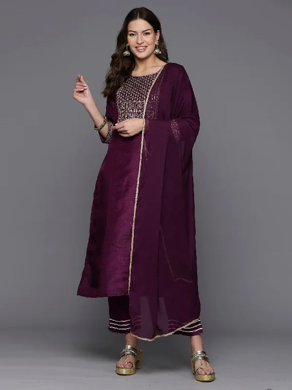 Women's Burgundy Embroidered Straight Kurta Trousers With Dupatta Set - Indo Era Trousers Cargo Utility