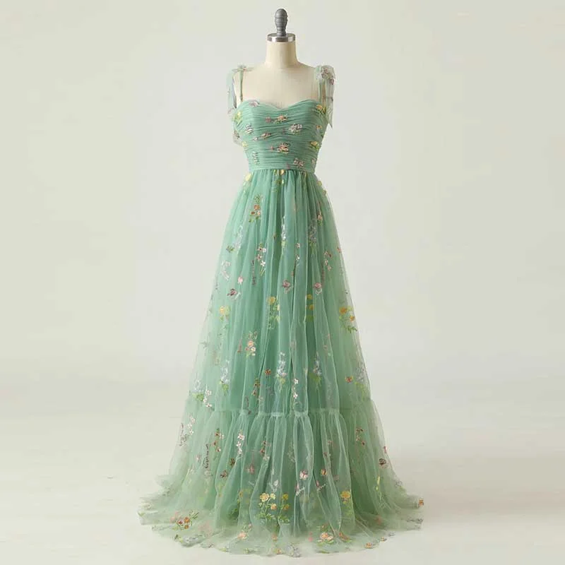 Women Tie Strap Tulle Prom Dresses Flower Embroidery Dress Long Formal Evening Dresses Women Tie Strap Tulle Prom Dresses Flower Embroidery Dress Long Formal Evening Dresses