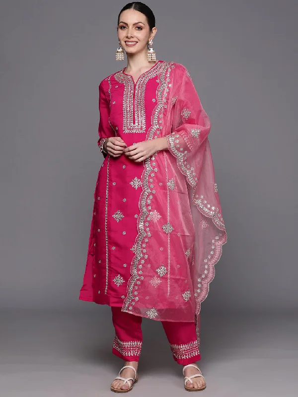 Women's Pink Embroidered Straight Kurta Trousers With Dupatta  Set - Indo Era Trousers Brand Named