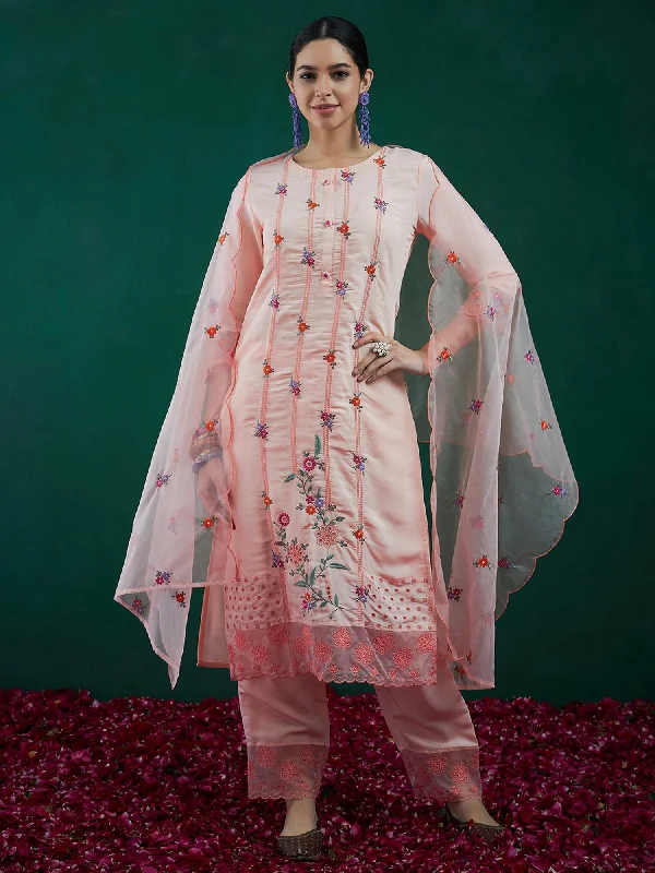 Women's Peach Embroidered Straight Kurta Trousers With Dupatta Set - Indo Era Trousers Elastic Waist Soft