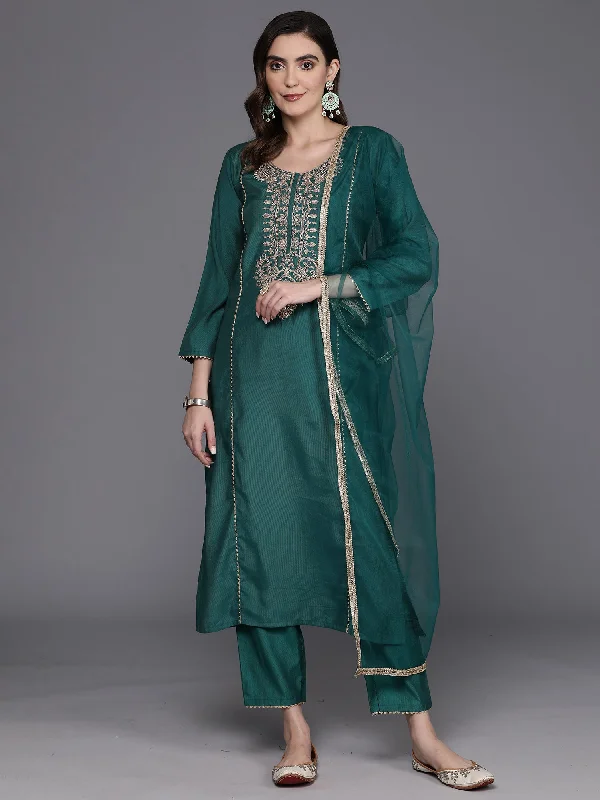 Women's Teal Embroidered Straight Kurta Trousers With Dupatta Set - Indo Era Trousers versatile all-occasion