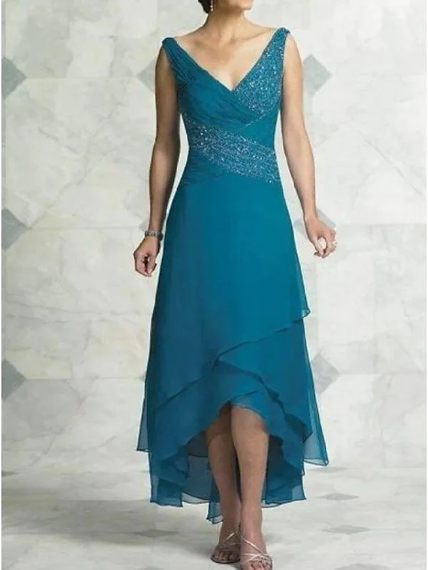 A-Line Mother of the Bride Dress Sexy V Neck Asymmetrical Chiffon Satin Sleeveless with Beading Tier A-Line Mother of the Bride Dress Sexy V Neck Asymmetrical Chiffon Satin Sleeveless with Beading Tier