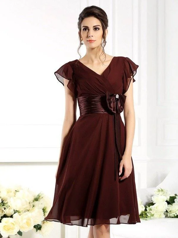 A-Line/Princess V-neck Bowknot Short Sleeves Short Chiffon Mother of the Bride Dresses A-Line/Princess V-neck Bowknot Short Sleeves Short Chiffon Mother of the Bride Dresses
