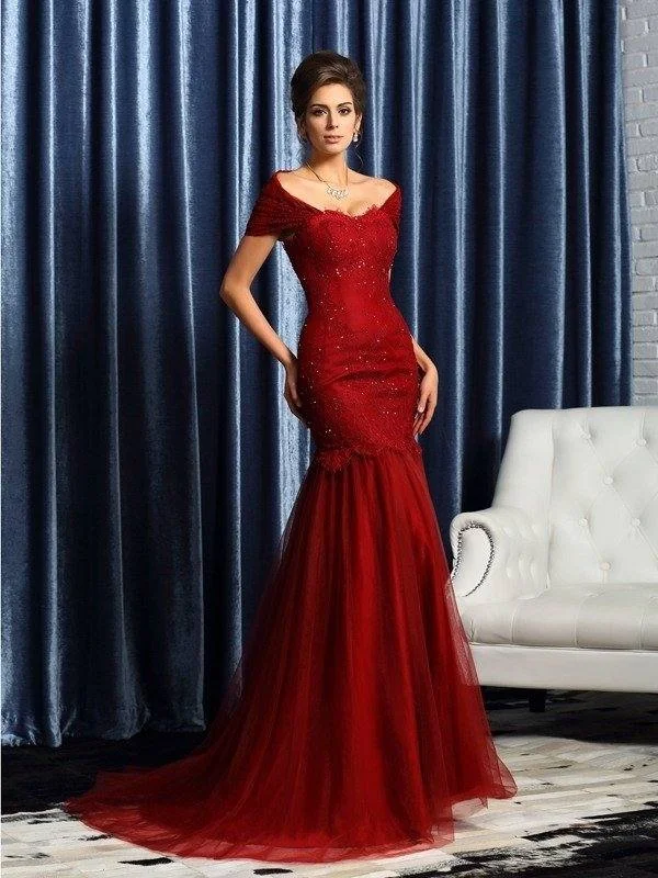 Trumpet/Mermaid Off-the-Shoulder Beading Short Sleeves Long Satin Mother of the Bride Dresses Trumpet/Mermaid Off-the-Shoulder Beading Short Sleeves Long Satin Mother of the Bride Dresses