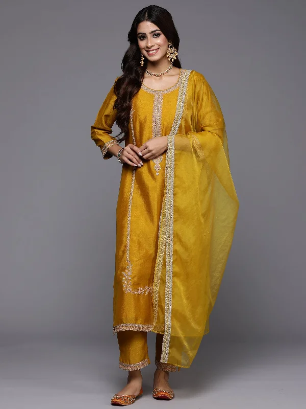 Women's Yellow Embroidered Straight Kurta Trousers With Dupatta Set - Indo Era Trousers versatile all-occasion