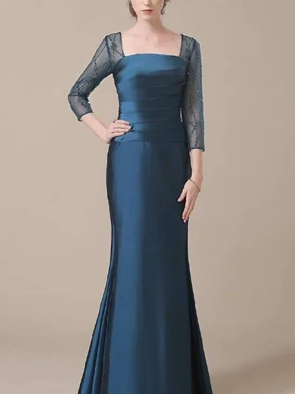 Mermaid / Trumpet Mother of the Bride Dress Elegant Jewel Neck Floor Length Satin 3/4 Length Sleeve with Ruching Mermaid / Trumpet Mother of the Bride Dress Elegant Jewel Neck Floor Length Satin 3/4 Length Sleeve with Ruching