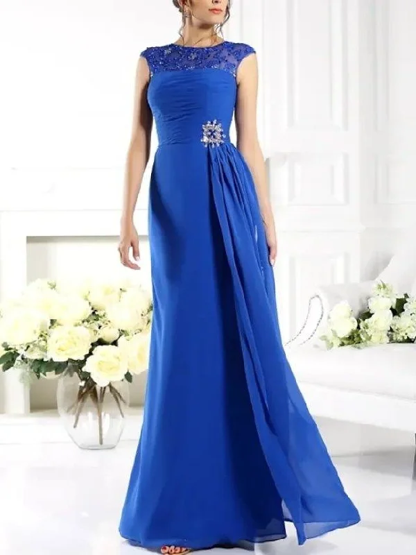 A-Line Mother of the Bride Dress Elegant Jewel Neck Floor Length Chiffon Lace Sleeveless with Sash / Ribbon Split Front Ruching A-Line Mother of the Bride Dress Elegant Jewel Neck Floor Length Chiffon Lace Sleeveless with Sash / Ribbon Split Front Ruching
