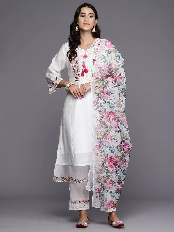 Women's White Embroidered A-Line Kurta Trousers With Dupatta Set - Indo Era Trousers Leisure Comfortable