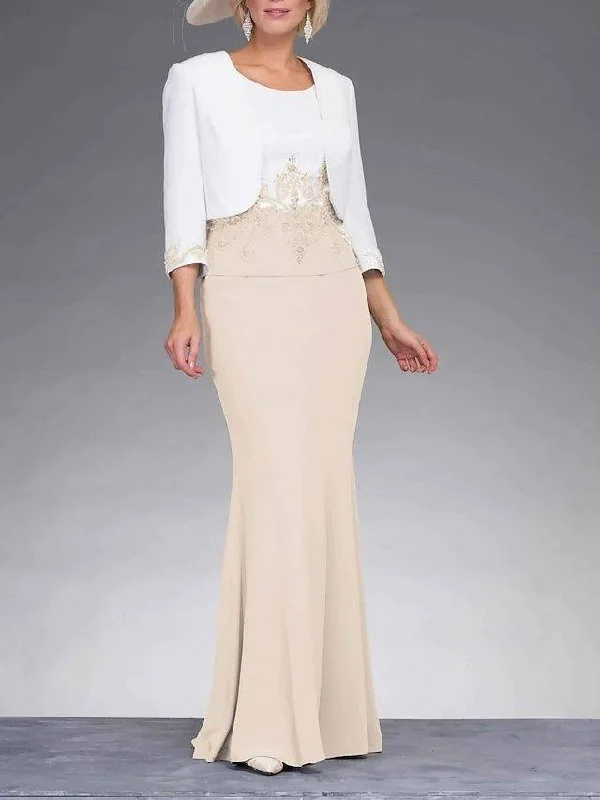 Two Piece Sheath / Column Mother of the Bride Dress Elegant Jewel Neck Floor Length Stretch Fabric Sleeveless with Appliques Two Piece Sheath / Column Mother of the Bride Dress Elegant Jewel Neck Floor Length Stretch Fabric Sleeveless with Appliques