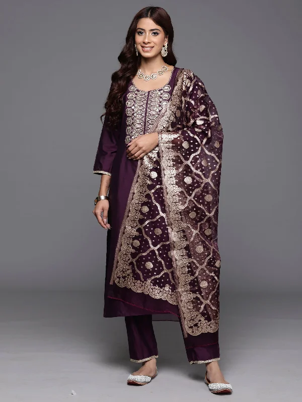 Women's Purple Embroidered Straight Kurta Trousers With Dupatta Set - Indo Era Trousers Exclusive Limited