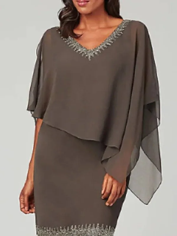 Sheath / Column Mother of the Bride Dress Plus Size Jewel Neck Short / Mini Chiffon 3/4 Length Sleeve with Beading Ruffles Tier Sheath / Column Mother of the Bride Dress Plus Size Jewel Neck Short / Mini Chiffon 3/4 Length Sleeve with Beading Ruffles Tier
